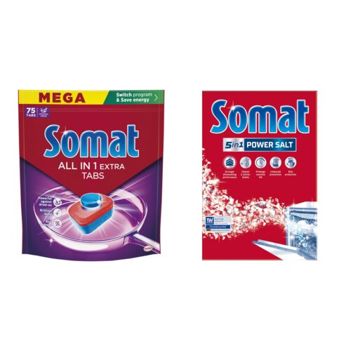 Tabletki do zmywarek SOMAT All In One Extra - 75 szt. + Sól do zmywarek SOMAT 1.5 kg